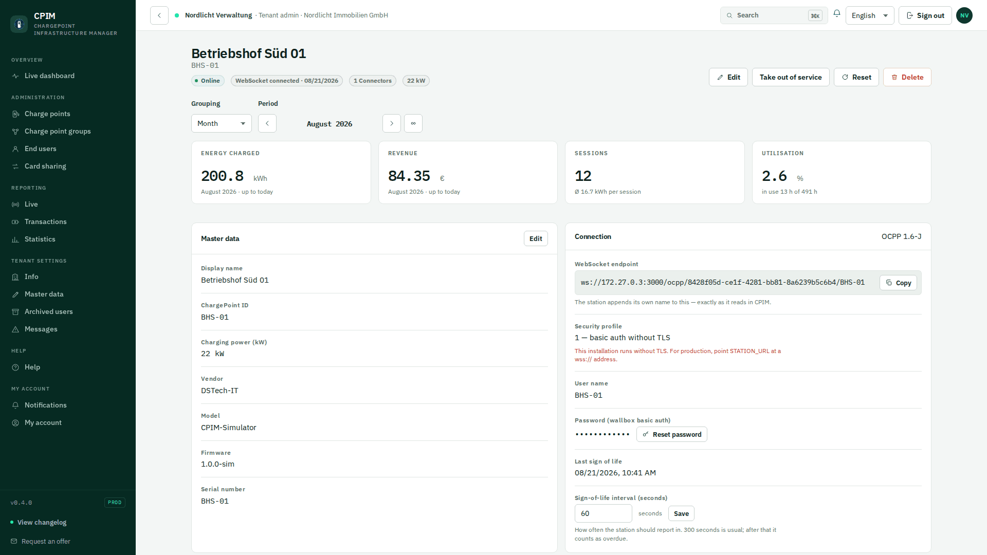 Charge point with WebSocket endpoint, security profile and credentials